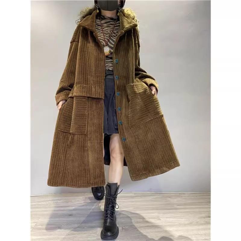 Thickened Fleece Long Corduroy Warm Outerwear Women's Single Button Open Cardigan Windbreaker Autumn Winter Outerwear