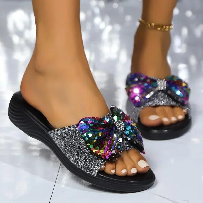 Fashion Women's Slippers 2024 Fashion Sequin Bow Slippers Women Summer Beach Shoes Women Flat Slides Non-slip Soft Sandals Zapatos Mujer