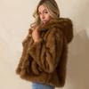 Brown imitation fur hooded jacket European and American fashion women's jacket soft plush side pockets ribbed lining