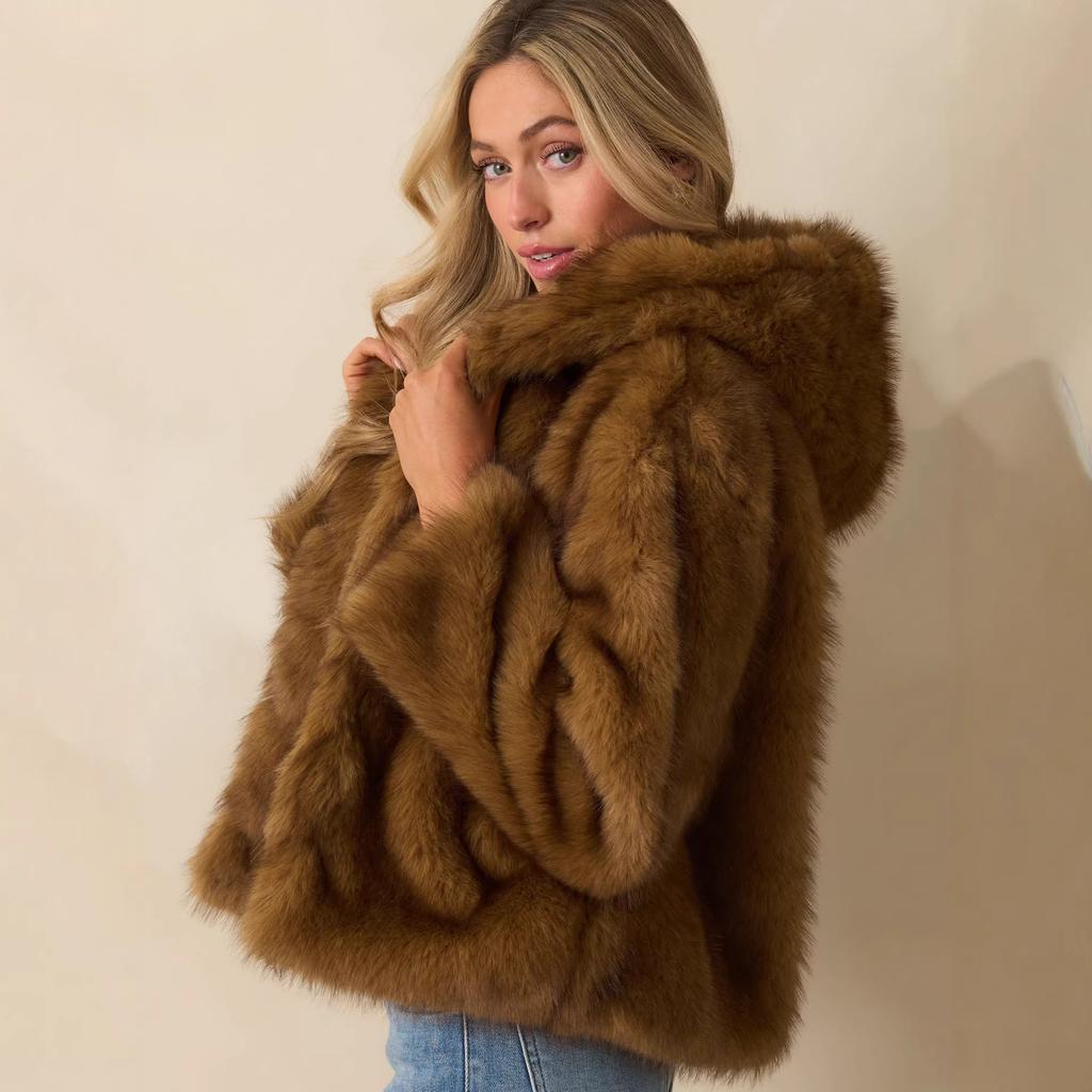 Brown imitation fur hooded jacket European and American fashion women's jacket soft plush side pockets ribbed lining
