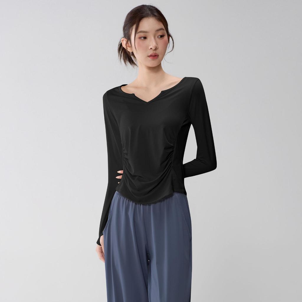 Women's V-Neck Yoga Suit: Loose, Quick-Dry, Long Sleeve for Casual Sports and Pilates Training