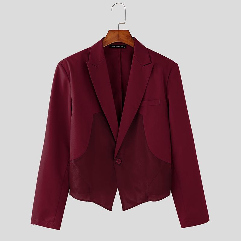 

INCERUN Мужской тонкий блейзер с длинным рукавом, сетчатым подолом и пэчворком, повседневное короткое пальто 5XL красный