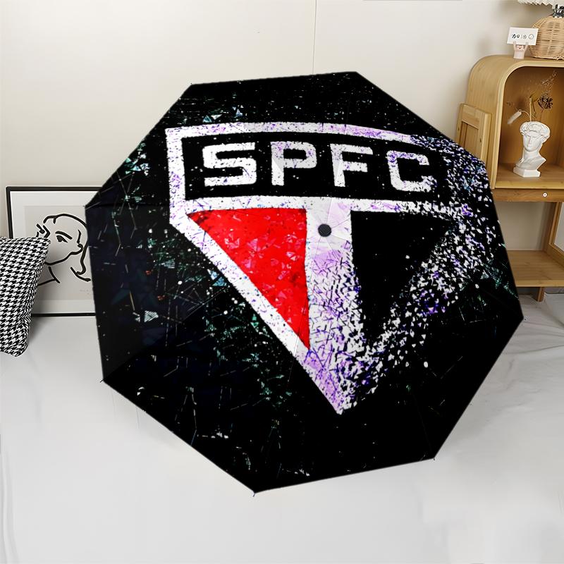 São Paulo FC Logo Print Automatic Umbrella, 8 Rib Iron Frame, Plastic Handle, Suitable for Outdoor Travel &Daily , Ideal Gift