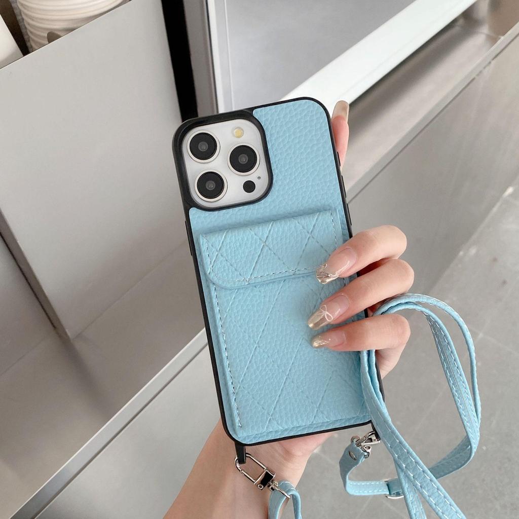 Lychee Pattern Crossbody Card Holder Case for iPhone 14 Pro Max, 15, and 16 Pro