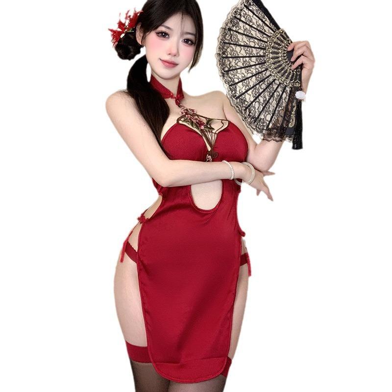 Sex underwear hollow embroidery split cheongsam uniform sexy retro sex cheongsam style