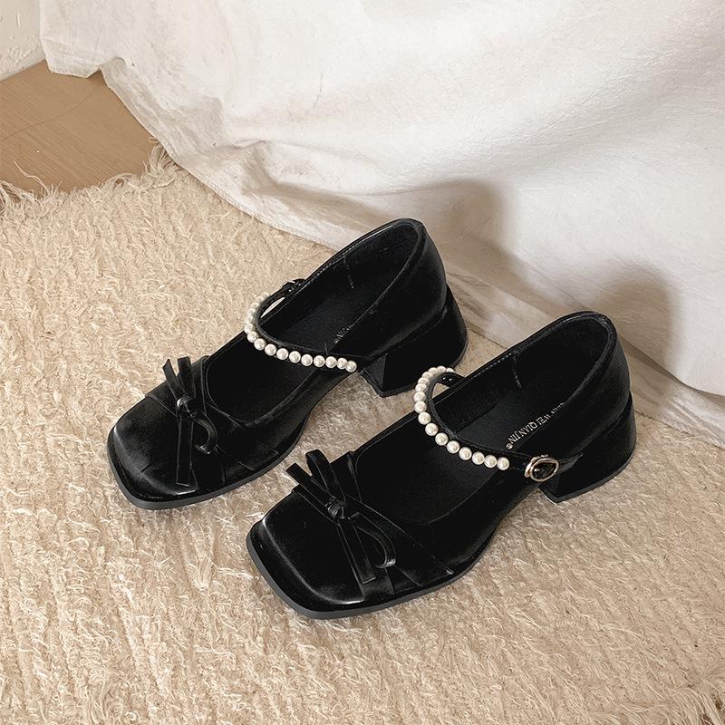 

Модные темпераментные ретро туфли с квадратным носком и неглубоким блочным каблуком женские новые весенне-осенние туфли 2025 года с юбкой французские туфли Мэри Джейн 35 чёрный