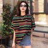Rainbow Striped T-shirt Women's Summer Loose Contrasting Round Neck Versatile Shoulder Top