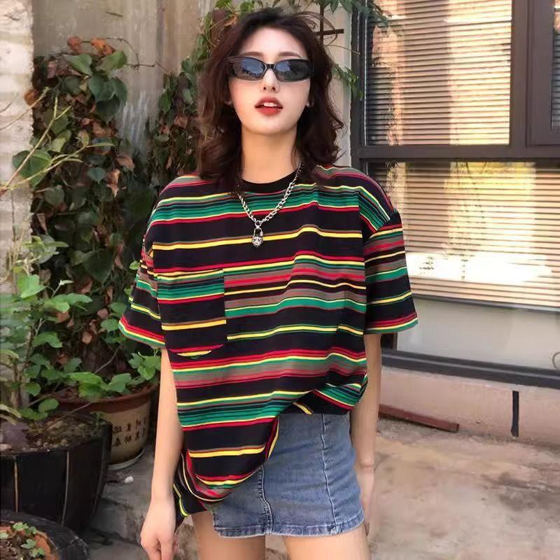 Rainbow Striped T-shirt Women's Summer Loose Contrasting Round Neck Versatile Shoulder Top