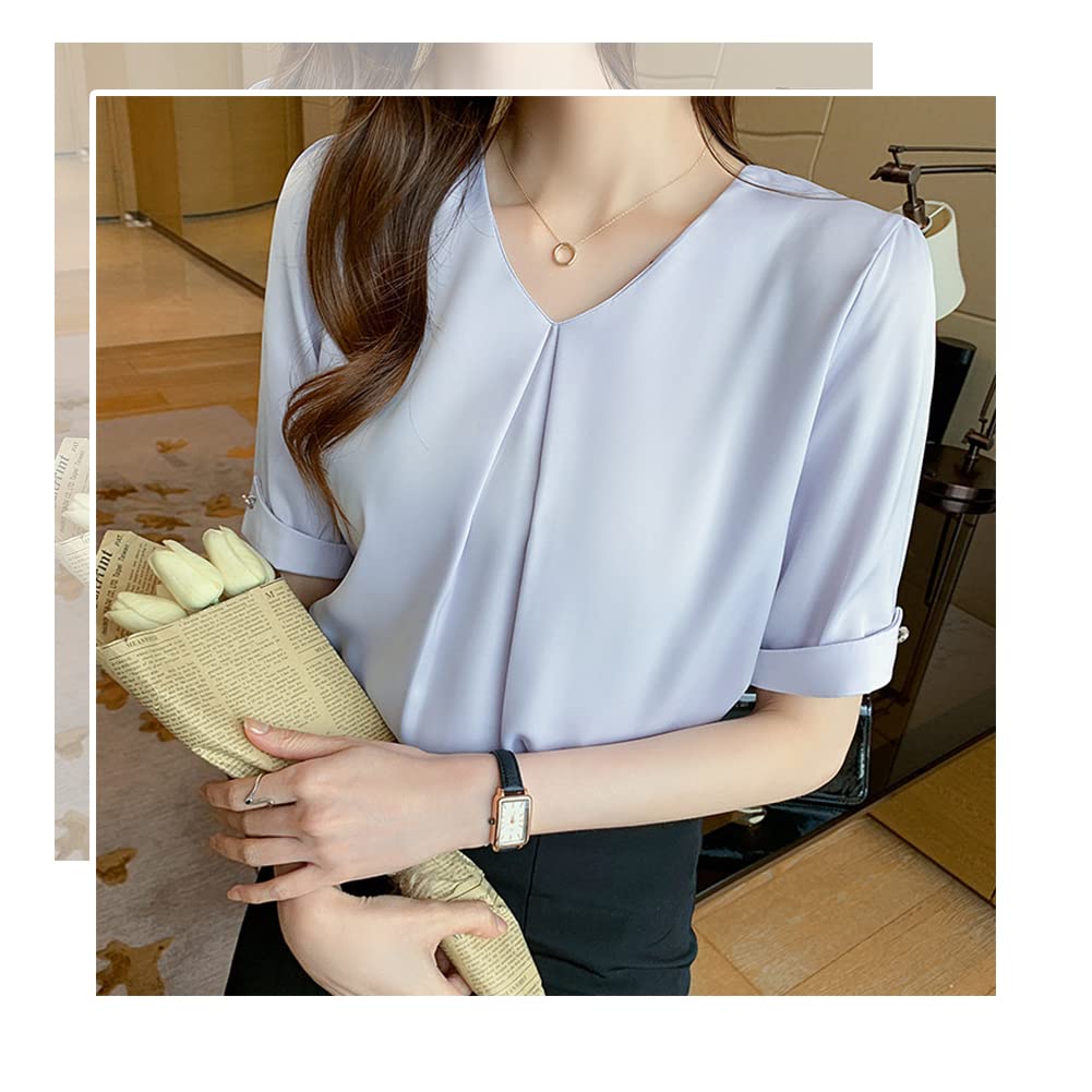 Fashion Blouse Office White Short Sleeve Shirt White Blouse Loose Fit Neat Plain Casual Office Wear Summer OL Commuting Blue L [Bolan Verl] Women's