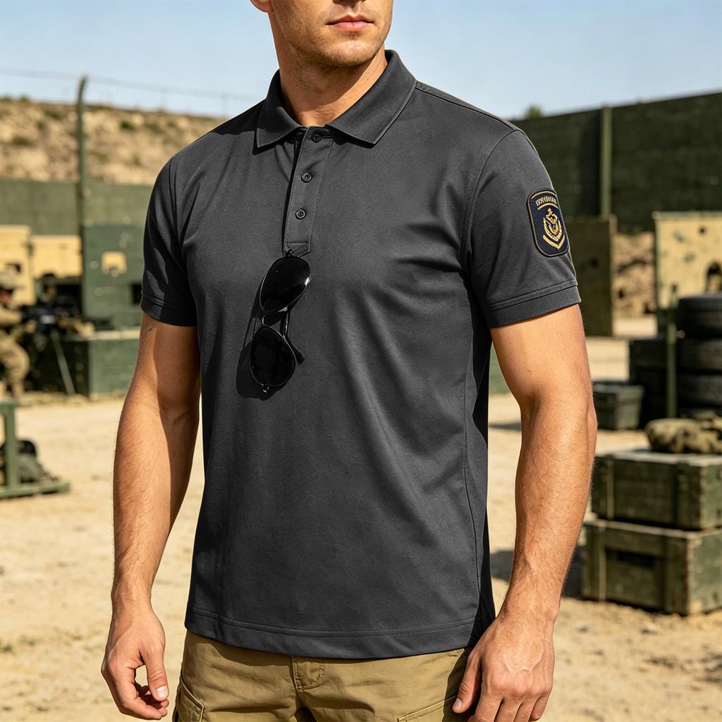 Men's Tactical Quick Dry Polo Shirt Loose Fit Breathable Outdoor Short Sleeve Shirt with Hook and Loop Collar for Casual Use