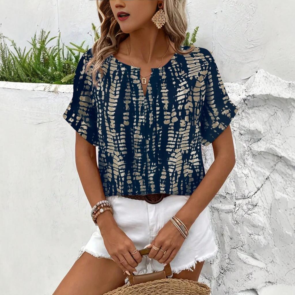 European and American Style New Loose Printing Short-sleeved Shirt Women's V-neck Casual Top Fashionable and Versatile