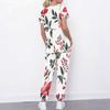 Women Plus Size White Floral Printed Scrub Set Cutout Neck Short Sleeve Pocket Top Long Pants