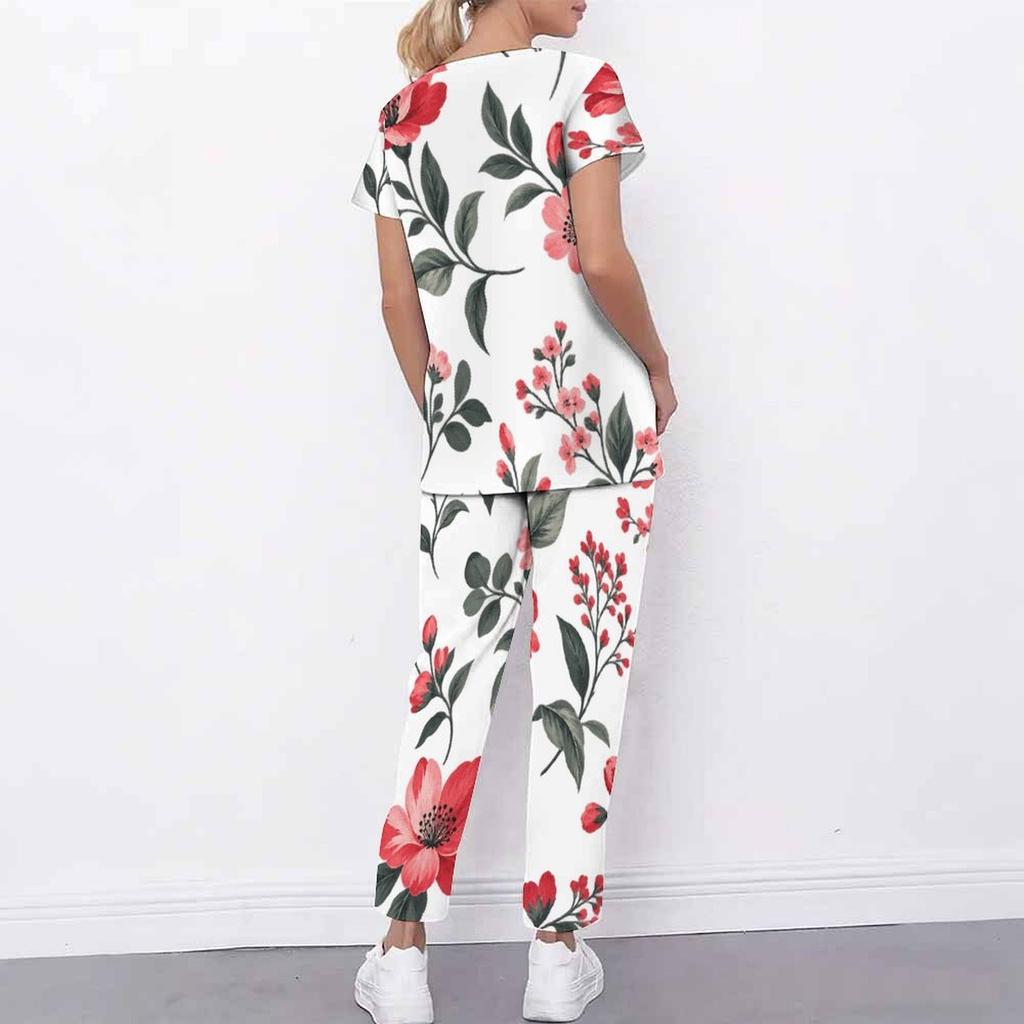 Women Plus Size White Floral Printed Scrub Set Cutout Neck Short Sleeve Pocket Top Long Pants