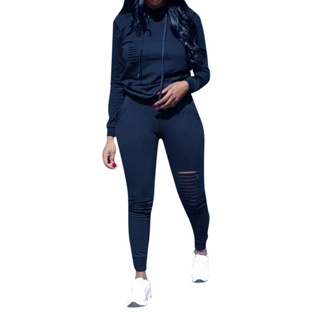 Fashion Womens Long Sleeve Hole Pocket Hoodies Drawstring Pants Loose Tops Set