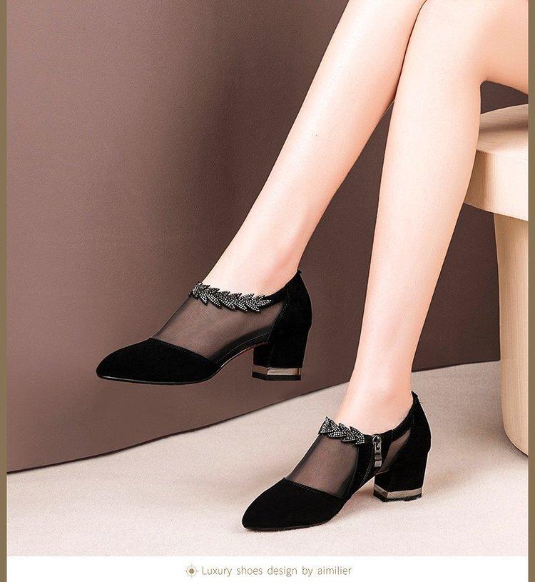 

Summer new hollow sandals women s matte rhinestone round head Korean version thick heel single shoes medium heel large size mesh cool boots 43