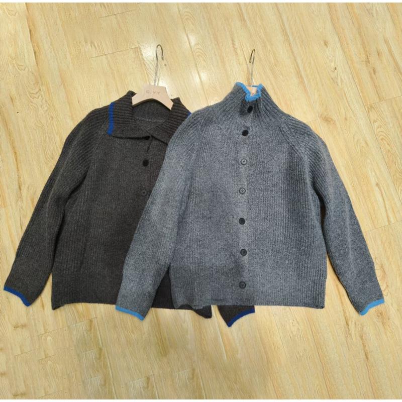 Contrast Knitted Cardigan Women Elegant Stand Collar Thicken Long Sleeve Single Breasted Lady Jumper 2025 Spring New Knitwear