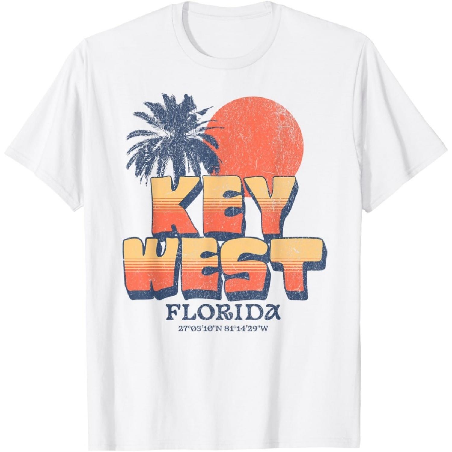 Ключ-Уэст Флорида Ретро Закат Пальма Винтажная Футболка для Отпуска XXXXXL белый