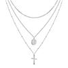 Stainless Steel Religious Cross Pendant Multi-Layer Necklace with Beads