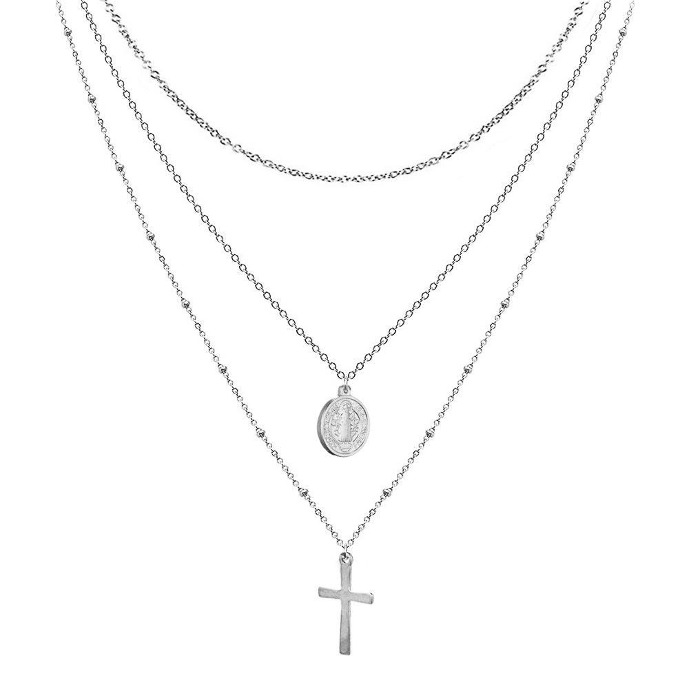 Stainless Steel Religious Cross Pendant Multi-Layer Necklace with Beads