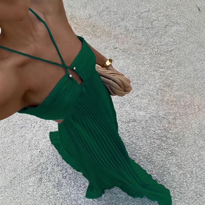 2025 Solid Color Ruched Strapless Sleeveless Maxi Dress Women Elegant Office Wear Loose Fit High Waist