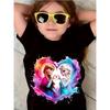 Summer Frozen Elsa and Anna Printed Short Sleeve T-shirt for Children's Casual Loose Vacation Dress Up Children's Clothing
