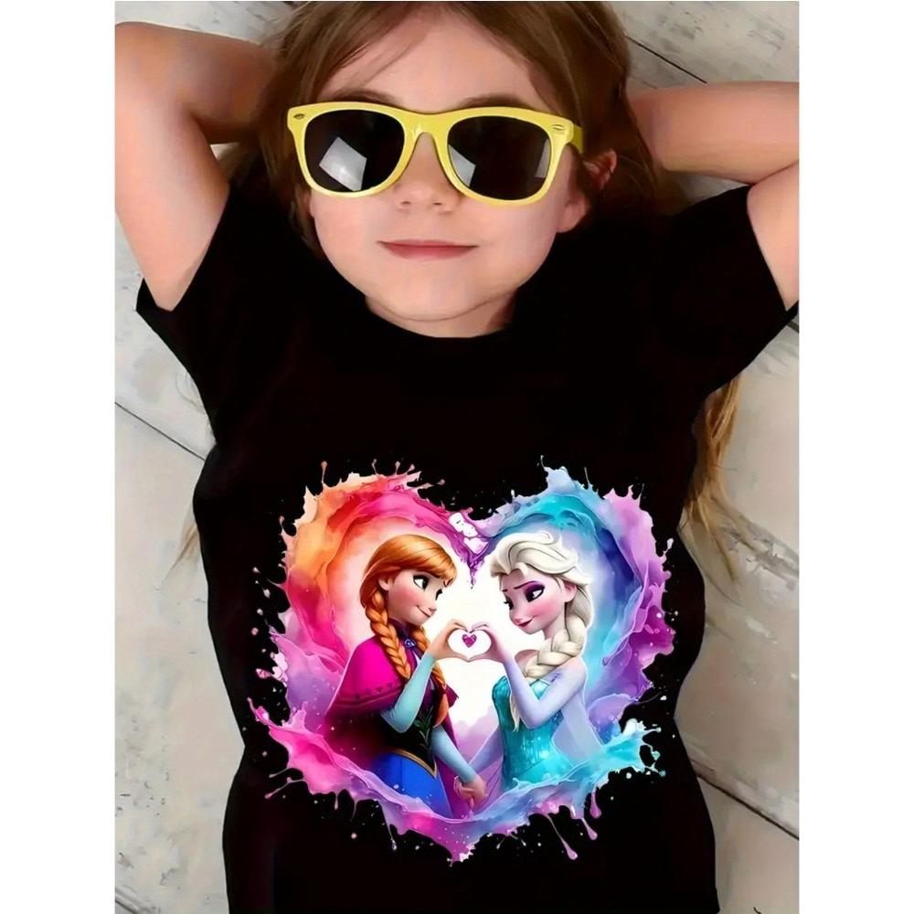 Summer Frozen Elsa and Anna Printed Short Sleeve T-shirt for Children's Casual Loose Vacation Dress Up Children's Clothing