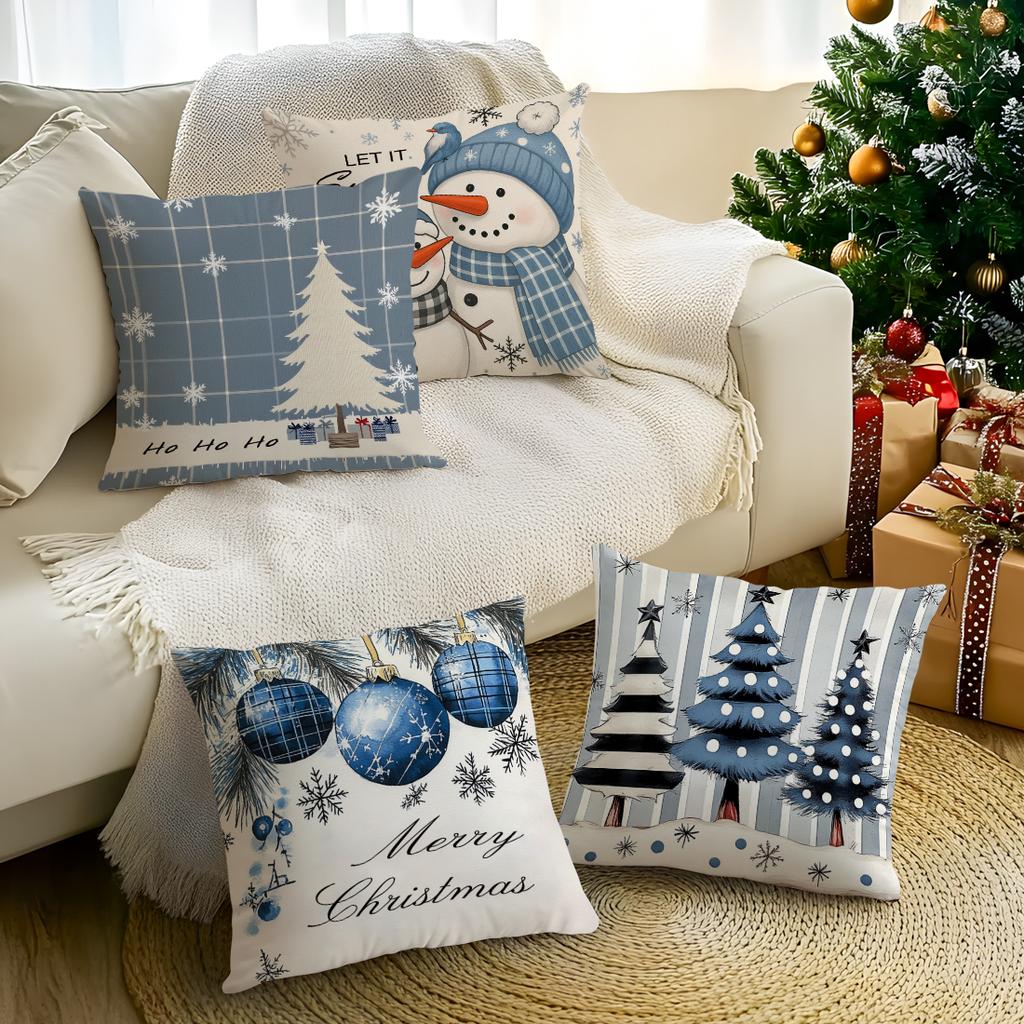 Blue Christmas Cushion Pillowcase Printed Polyester 45X45Cm Throw Pillowcover Decorative Sofa Cushion Pillowslip Home Decor