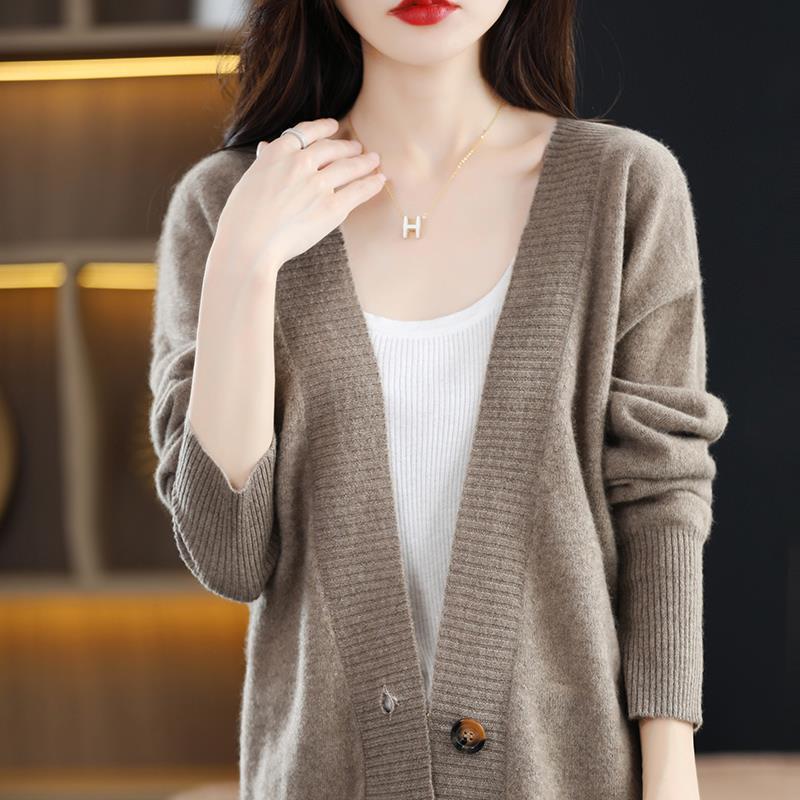 Casual Style Knitted Cardigan Sweater for Women, V-neck Solid Color Outerwear, Long Sleeved Jacket for Women