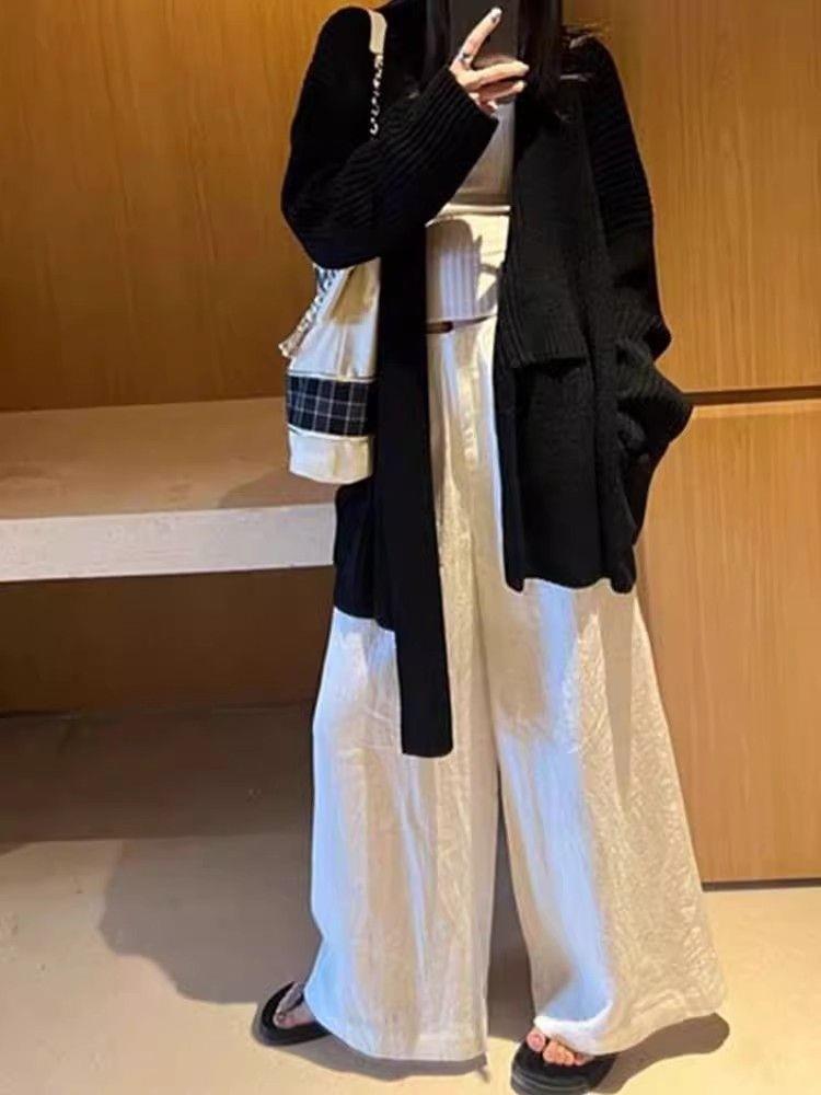 Women's Plus Size High-Waisted Wide-Leg Pants, Winter/Autumn, Loose-Fit, Floor-Length, Versatile White Slimming Design
