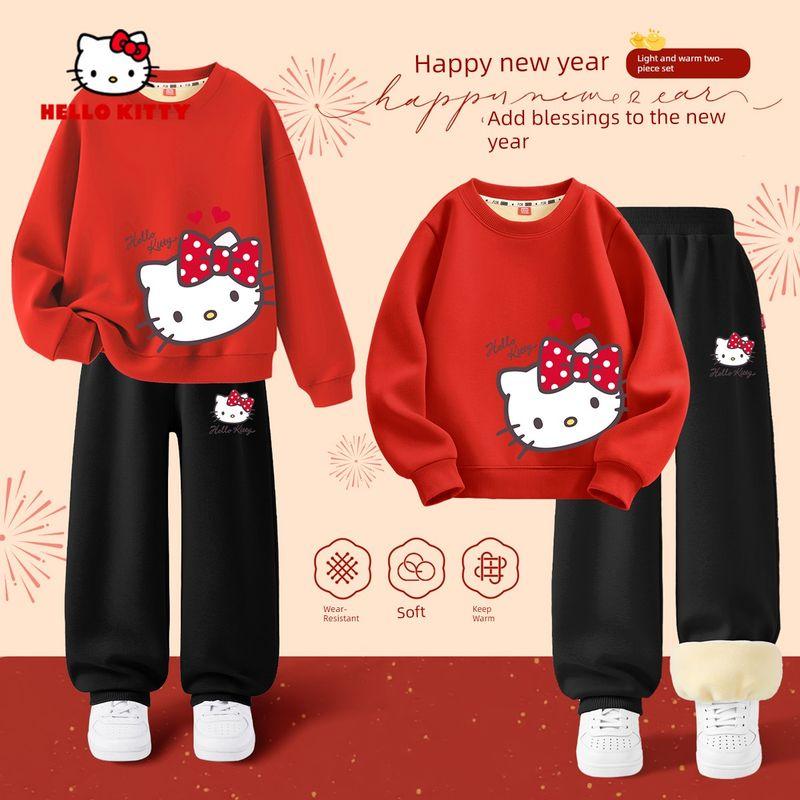 Hellokitty Children's Fleece Suit 2026 Girls' New Year Outfit Red Zodiac Year 12-Year-Old Girl Clothes