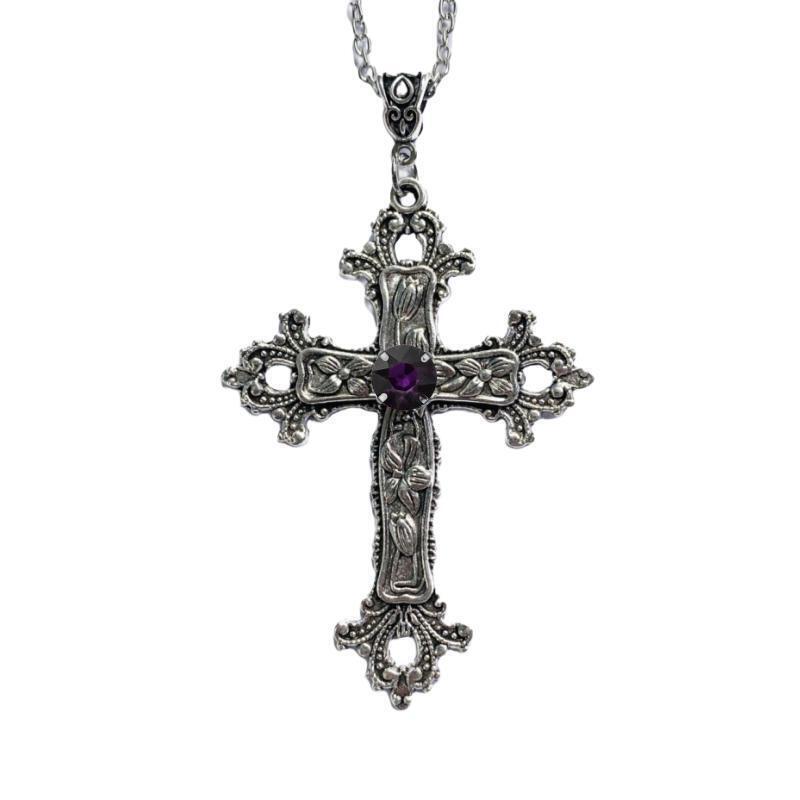 Gothic European Diamond Cross Necklace with Creative Floral Pattern