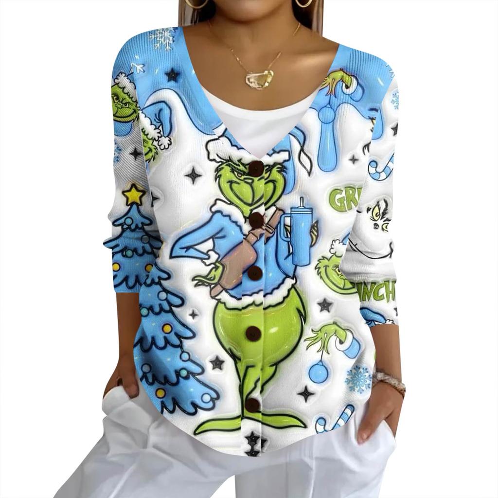 Women's Fashion Casual Knit Sweater Button-Up Christmas Print Cardigan Jacket
