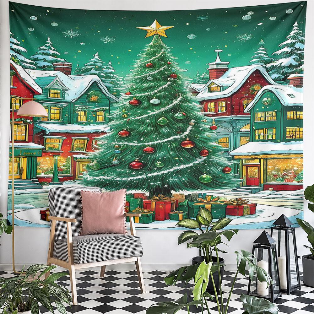 Christmas Tree with Gifts and Snowy Village Pattern Wall Hanging Tapestry Decorative Tapestry Home Decor for Bedroom and Living Room
