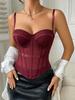 Women's Fashion Brown Mesh Panel Off-Shoulder Strapless Top, Sexy Backless Multi-Row Button Bodysuit,Fishbone Cup Corset Bustier