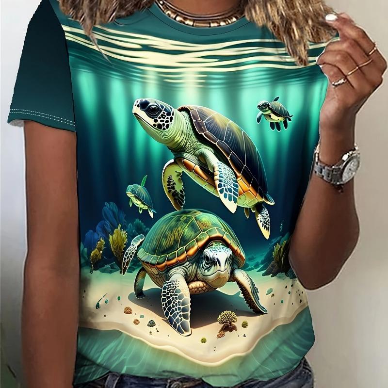 Dámské tričko Želva 3D potisk Krátký rukáv Módní Ležérní Street Kulatý výstřih Nadměrná velikost Vysoká kvalita Letní dámské oblečení