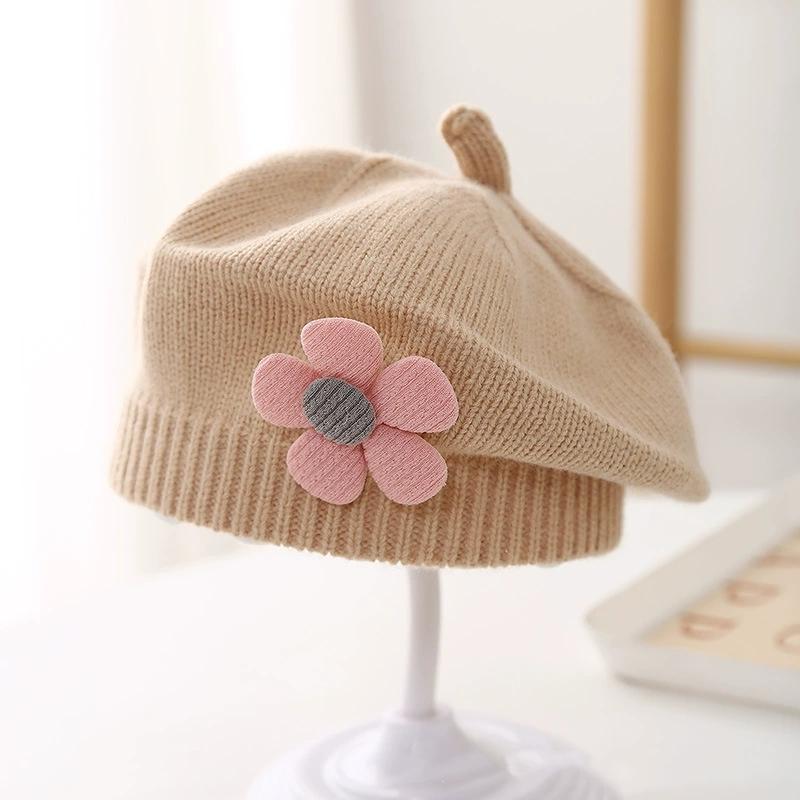 Λουλούδι Baby Beret Καπέλο Χειμερινό Ζεστό πλεκτό καπέλο Beanie για βρέφη κοριτσάκια Κορεάτικη Πριγκίπισσα νηπίων Καλλιτέχνης Μονόχρωμα καπέλα ζωγραφικής