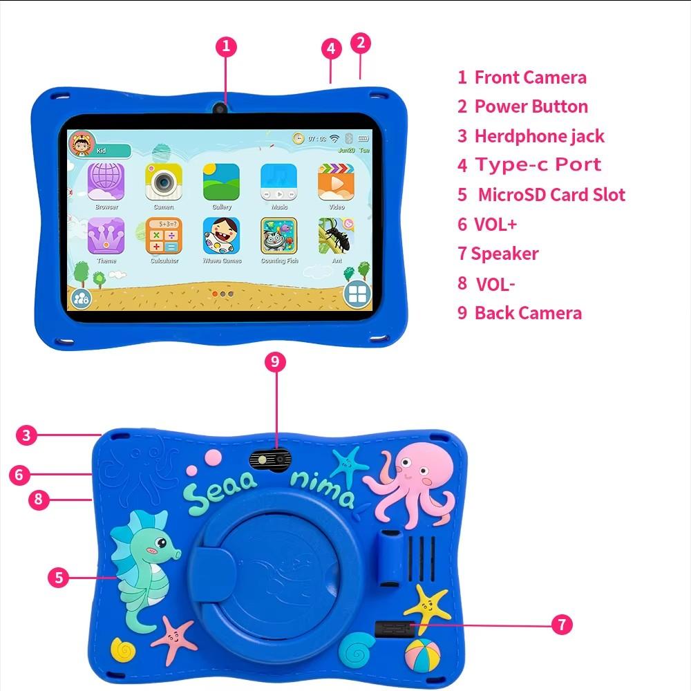2025 New Tablet for Kids 7 Inch Android 13 System 64GB WiFi Bluetooth Dual Camera Educational Software Installed with Proof Case