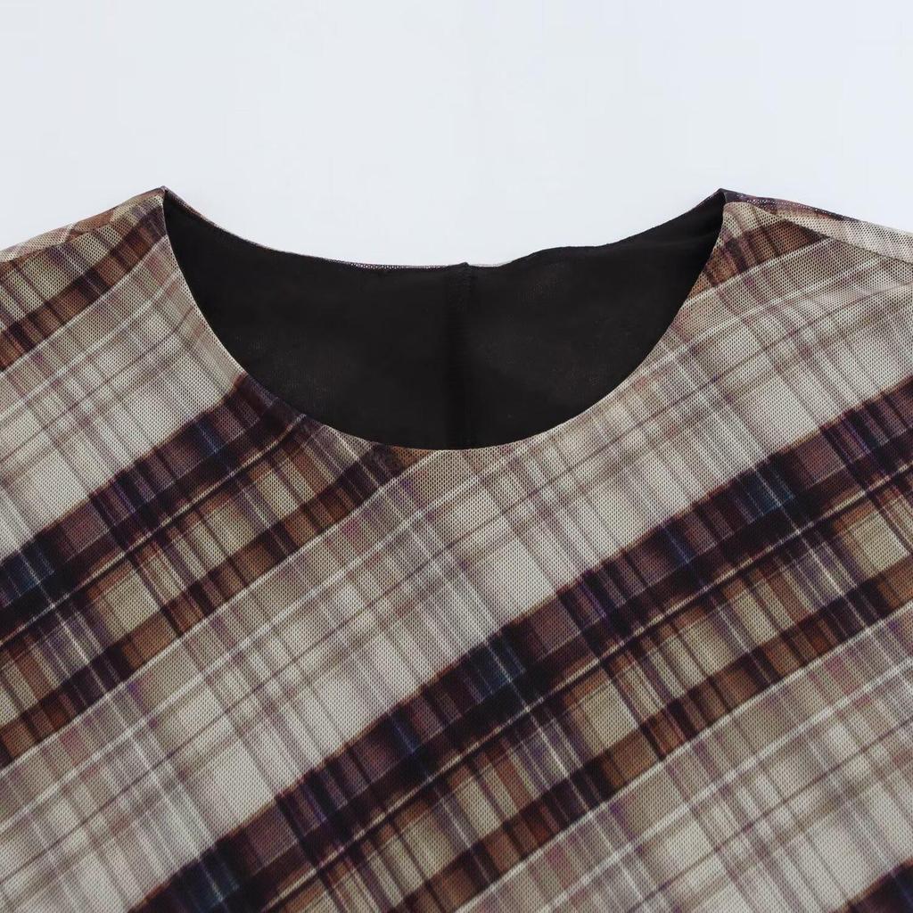 2025 Spring Women's Slim Plaid Round Neck Mesh Dress