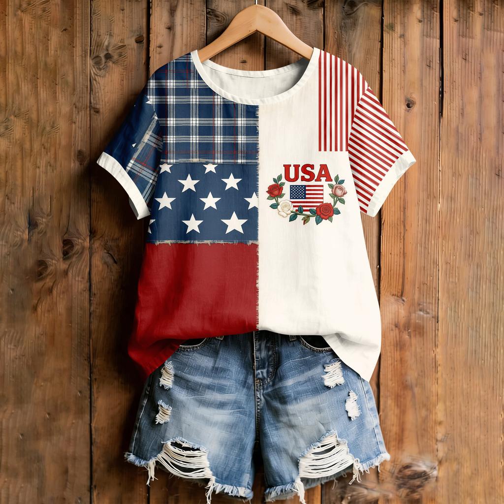 Women's American Floral Patchwork Print Casual T-Shirt 250Th Anniversary USA Shirt Patriotic Tshirt