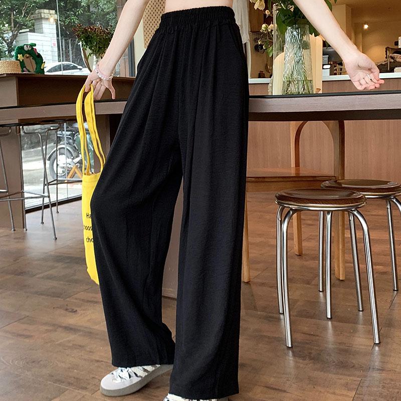 Women Ankle-Length Wide Leg Pants Casual Summer Solid Elastic Waist Loose Ice Silk Pants Spring Summer Female Trousers