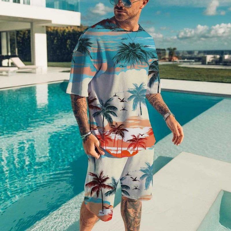 Men's Beach Set Hawaiian T-shirt Vacation Casual Beach Pants Suit Fashion Full Print Tshirt Set Top New Mens Tees Short Two Set