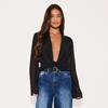 J25TP327 Women's Deep V Chiffon Long Sleeve Top with Flowing Collar and Scarf