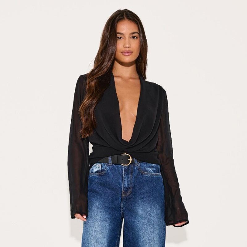 J25TP327 Women's Deep V Chiffon Long Sleeve Top with Flowing Collar and Scarf