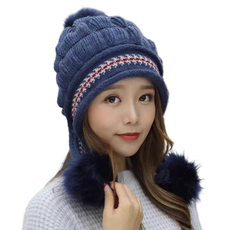 Elegant Knitted Winter Hat With Pompoms Design And EarFlaps For Women Outdoor Activities Cold Weather
