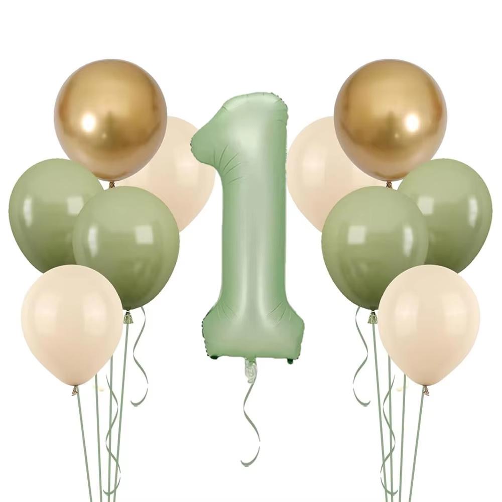 11pcs 32 Inch Sage Green Number Balloons Set Sand White Avocado Green Gold Latex Balloons for Boy Girl 1st Birthday Decorations