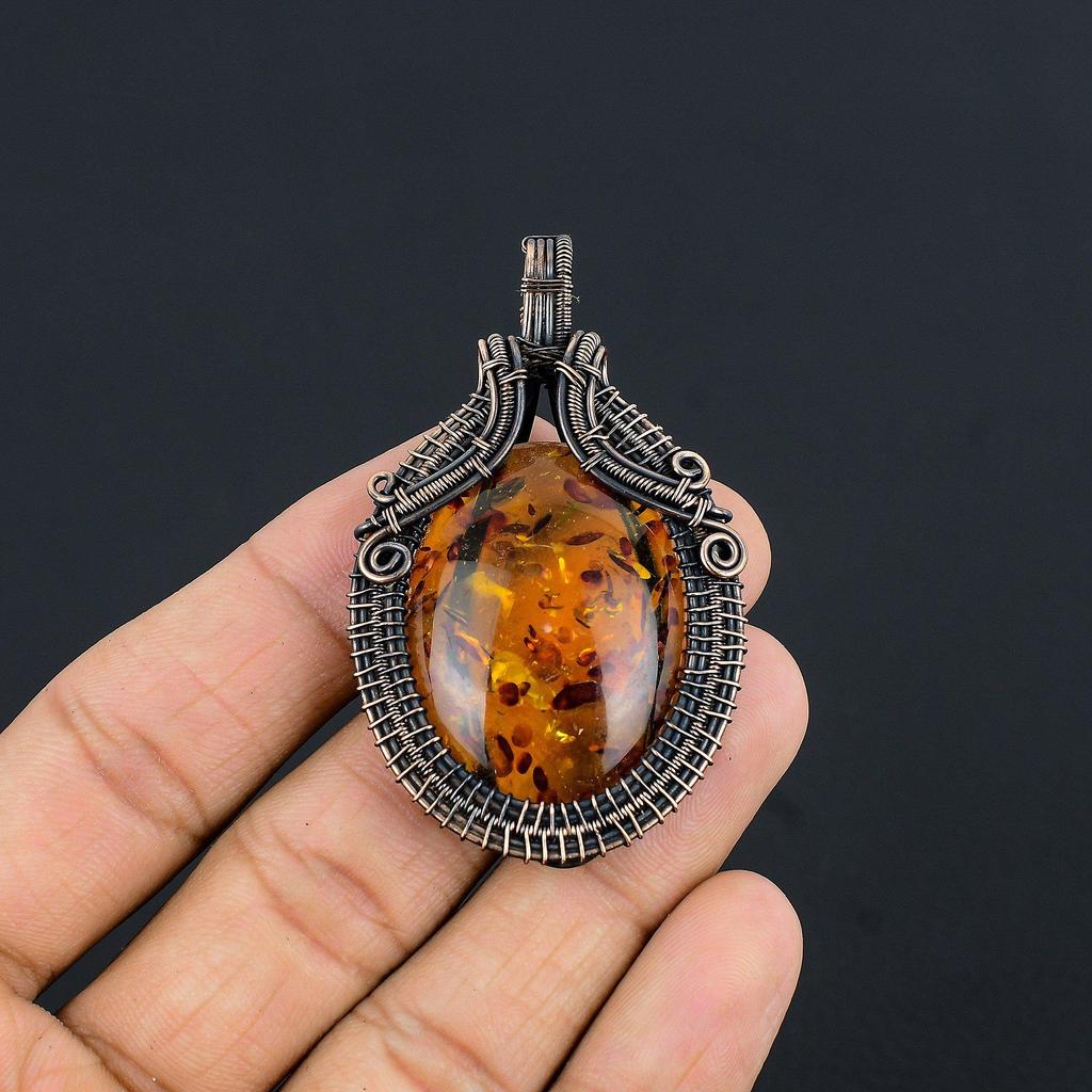Baltic Amber Pendant, 999 Copper Wire Wrapped Gemstone Jewelry, Handmade Pendant For Mother Day