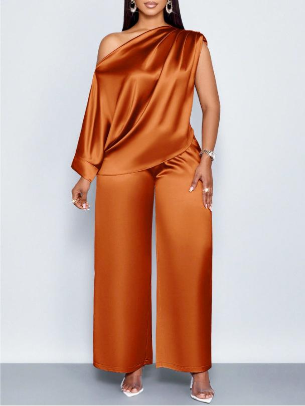 Damen One-Shoulder Drapierter Ärmelloser Uni-Farben Satiniert Weiter Bein Hosenanzug Set