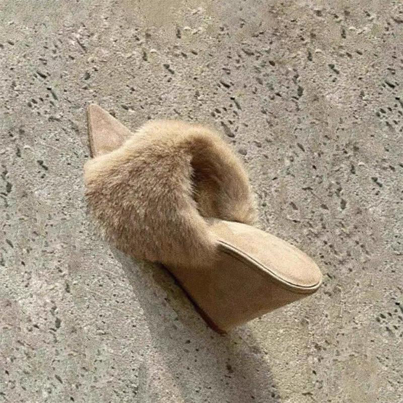 Fashion Fluffy Women Slippers Wedges Sandals Pointed Toe High Heels Shoes 2025 Winter Designer Brand Party Dress Shoes Sexy Flip Flops