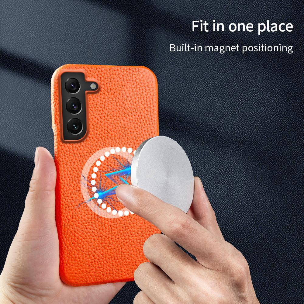 For Samsung Galaxy S22 5G Litchi Texture Magnetic Phone Case Anti-scratch Genuine Cow Leather+PC Cover