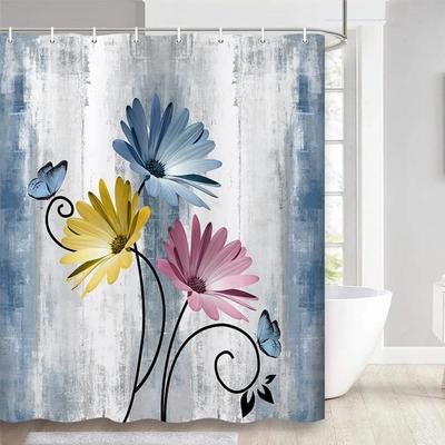 Teal Large Daisy Floral and Butterfly Shower Curtain Turquoise Bathroom Curtain Waterproof Bathroom Decoration With Hooks